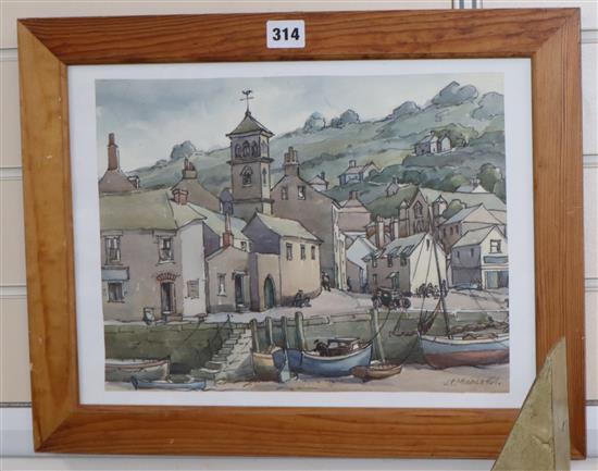 J. Middleton, ink and watercolour, Cornish fishing village, signed, 26 x 34cm